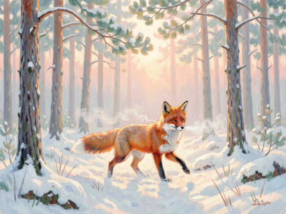 A red fox trotting through a snow-dusted pine forest, breath visible in the cold morning air, as the first light of dawn breaks, capturing a moment of quiet intimacy.