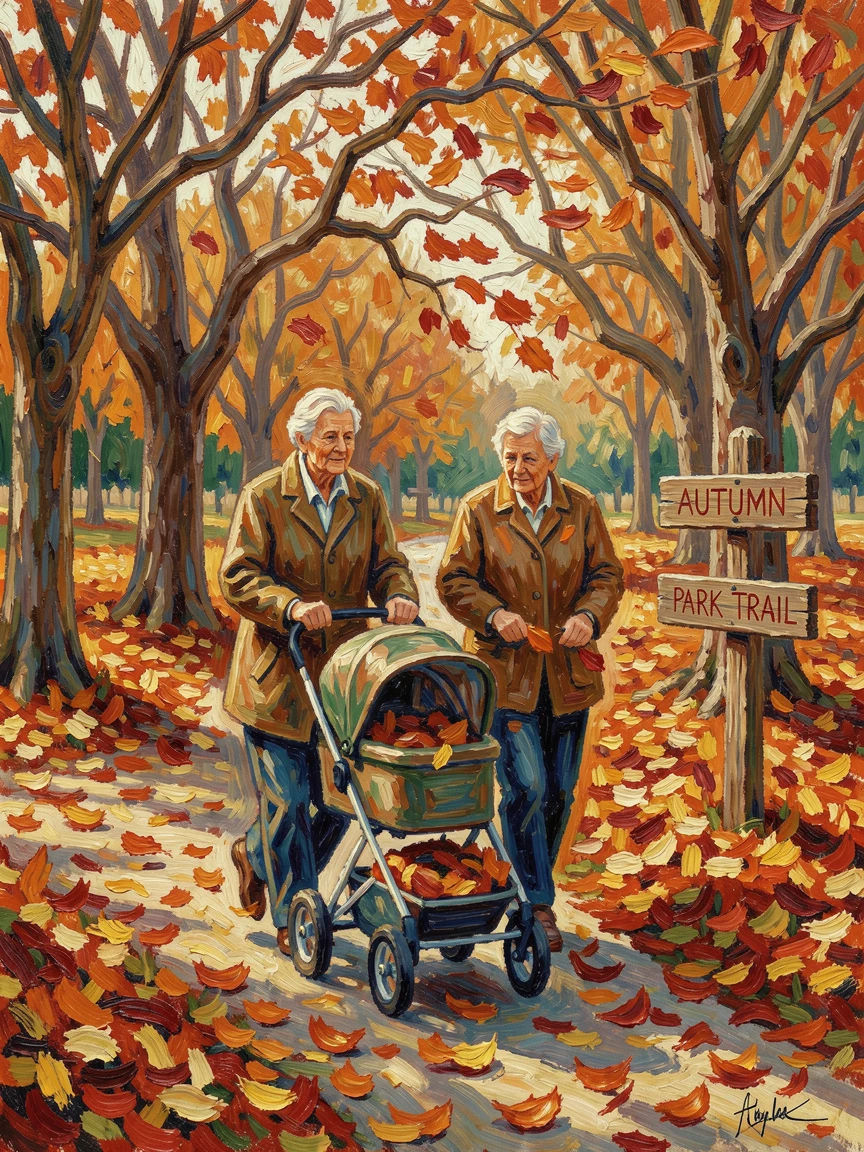 Grandparents pushing a stroller together through a park full of autumn leaves.