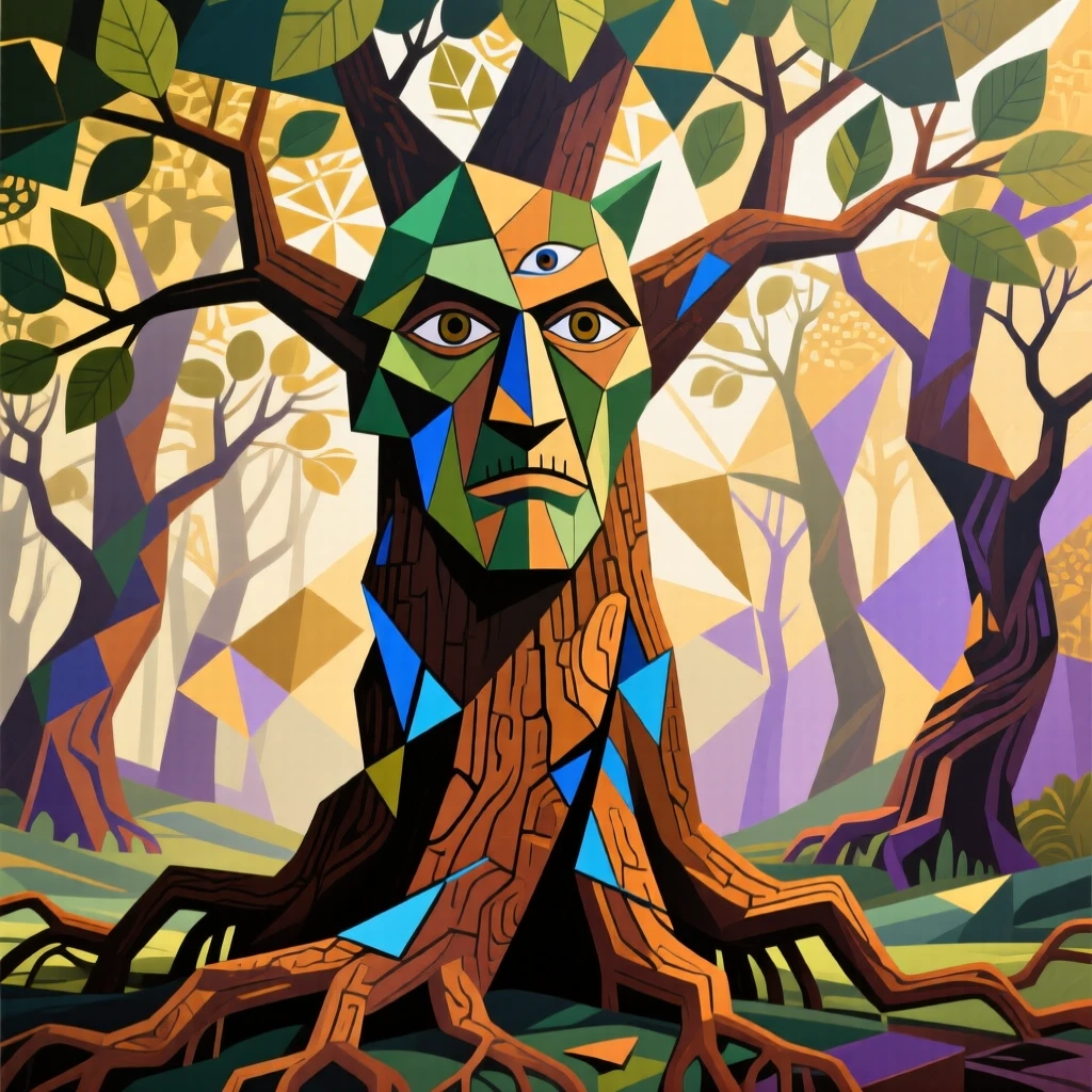A magical scene of an ancient tree guardian deep within an ancient enchanted forest.