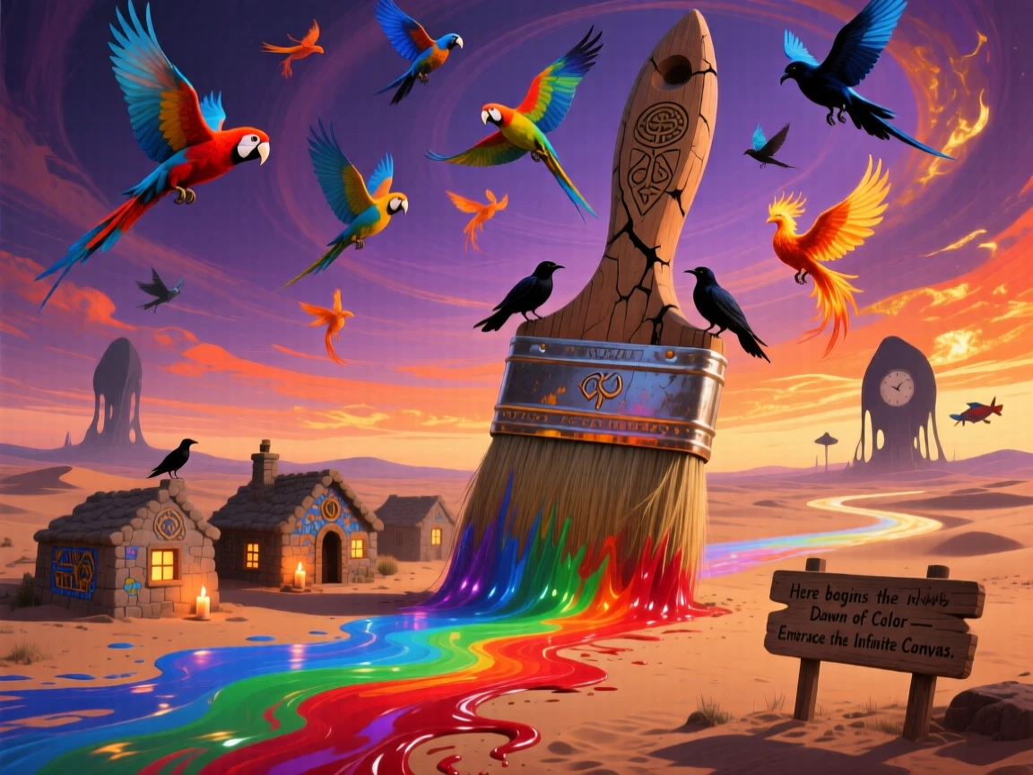 A giant paintbrush dragging a trail of color across a barren desert towers silently over a scattering of small stone cottages, as birds circle curiously around its towering form.