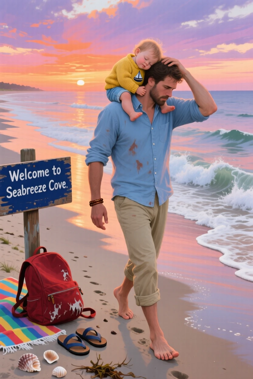 A father carries his sleeping toddler on his shoulders while walking along a quiet beach at dusk, waves gently rolling in beside them, small personal details in their clothing and surroundings hinting at their story.