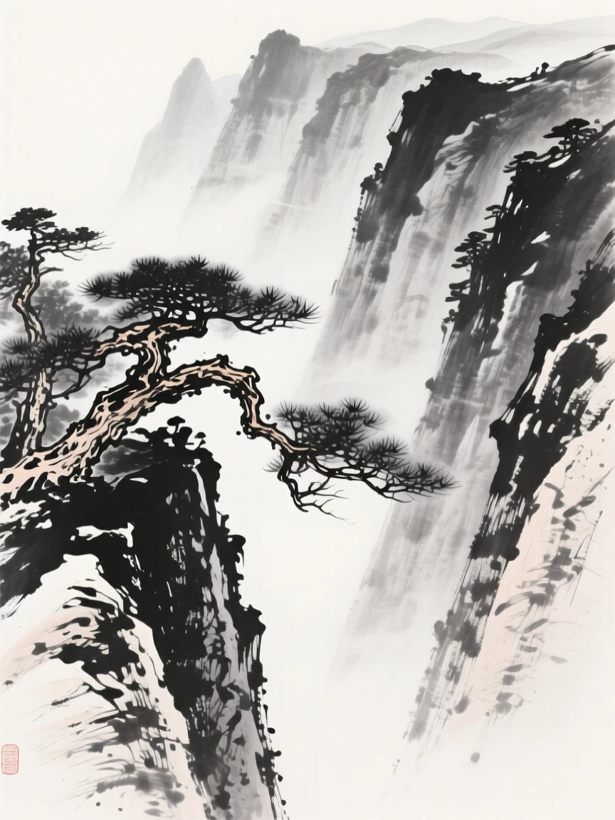 Gnarled pine branches stretch out over a steep mountain gorge, as mist rolls in over the surrounding ridges.