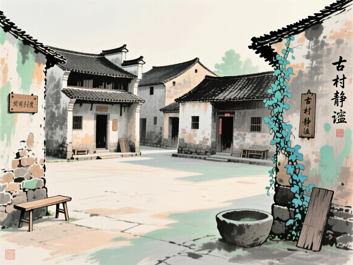 A quiet village square lined with old stone houses, full of quiet reverence, in the soft light of late afternoon.