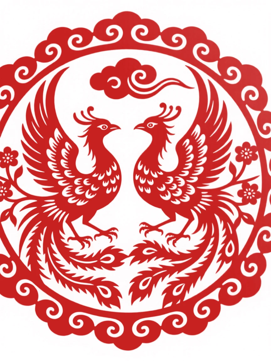 A border of repeating cloud motifs framing a central pair of confronting phoenixes
