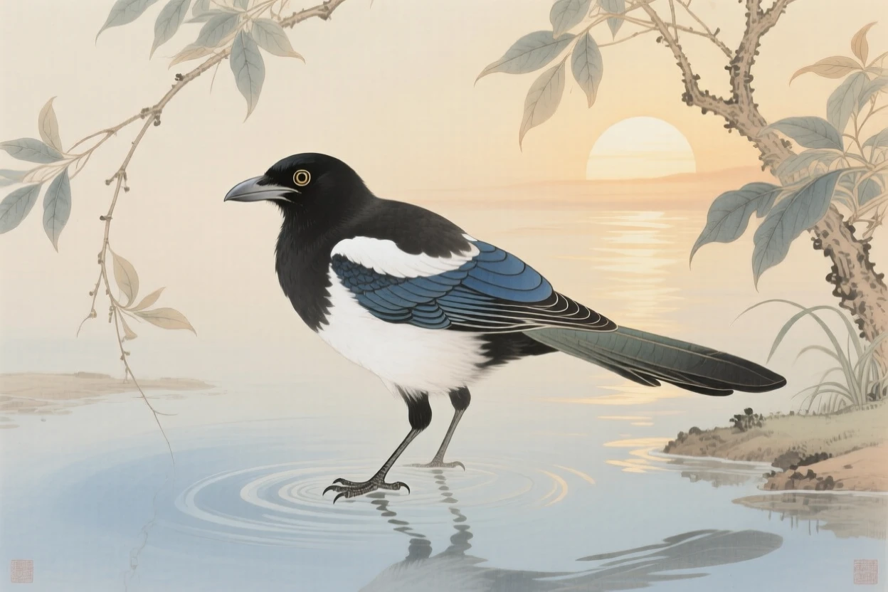 A magpie standing on one leg in shallow water at sunrise, soft morning light filtering through the branches
