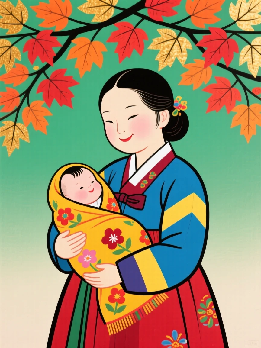 A mother carrying a baby wrapped in bright cloth, beneath a canopy of autumn leaves.