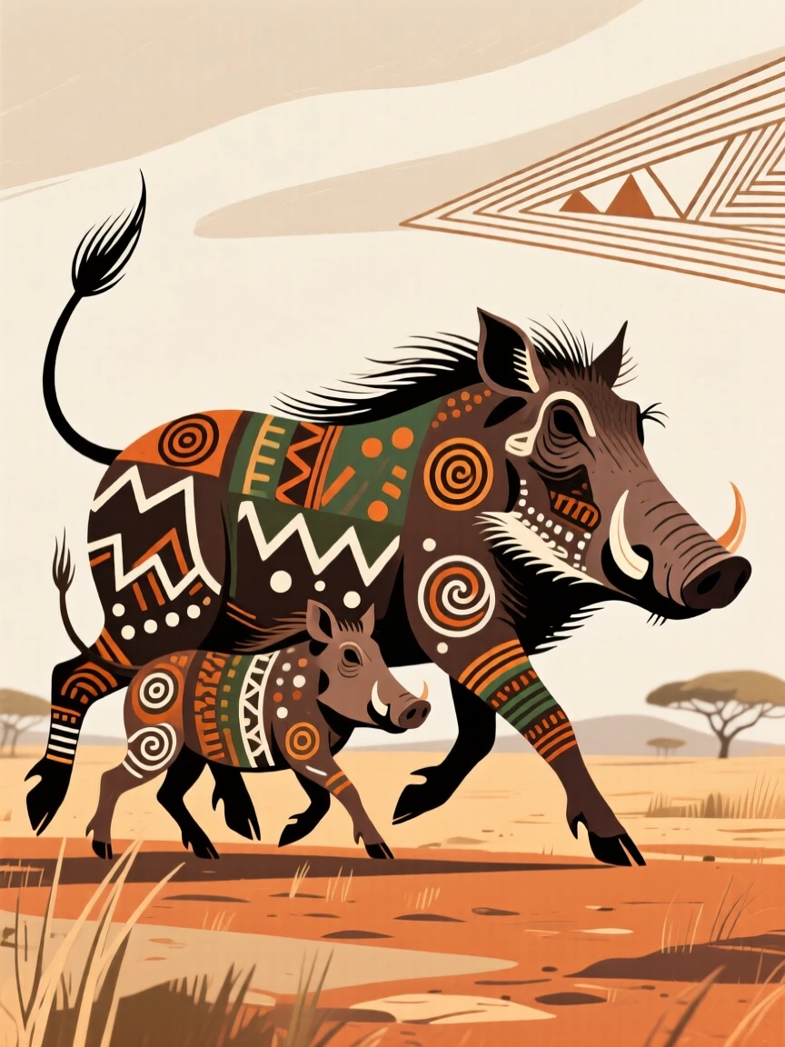 A family of warthogs trotting in a line with tails raised.