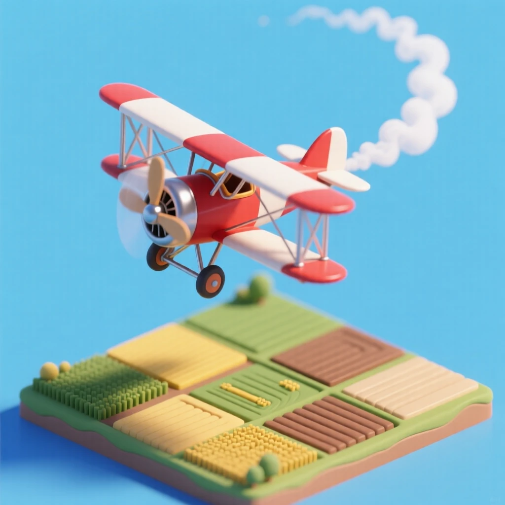 A biplane looping through a clear blue sky over patchwork farmland, its propeller a blur, trailing a thin line of white smoke.