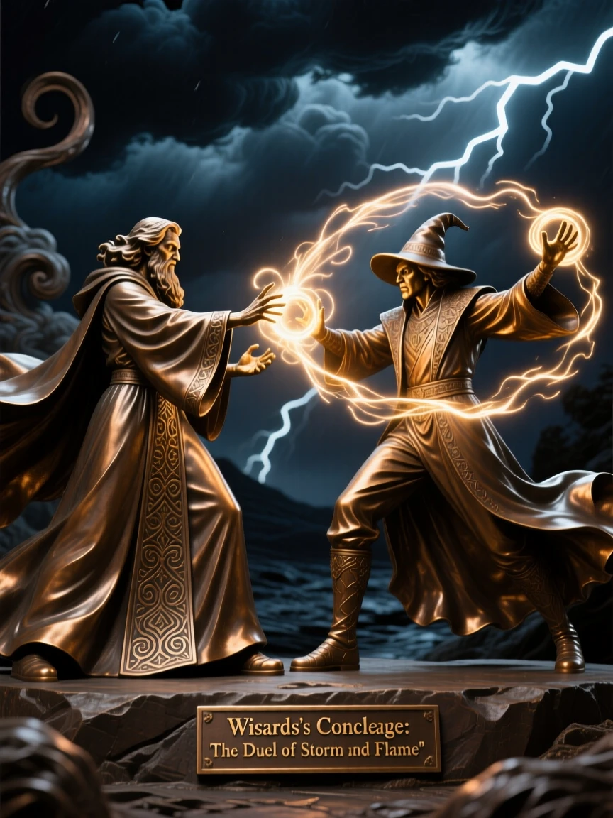 A wizard's duel lighting up a stormy night sky, with swirling energy and radiant color, transporting the viewer to another world