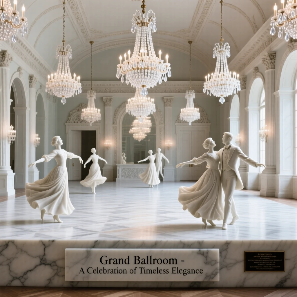 A striking, atmospheric depiction of a grand ballroom with sweeping chandeliers, showcasing timeless elegance and grandeur