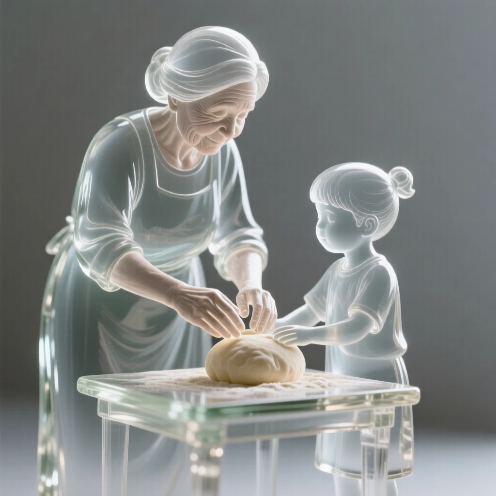 A grandmother teaching a child to bake framed in a close, intimate composition, soft rim light outlining the silhouette, evoking warmth and connection.