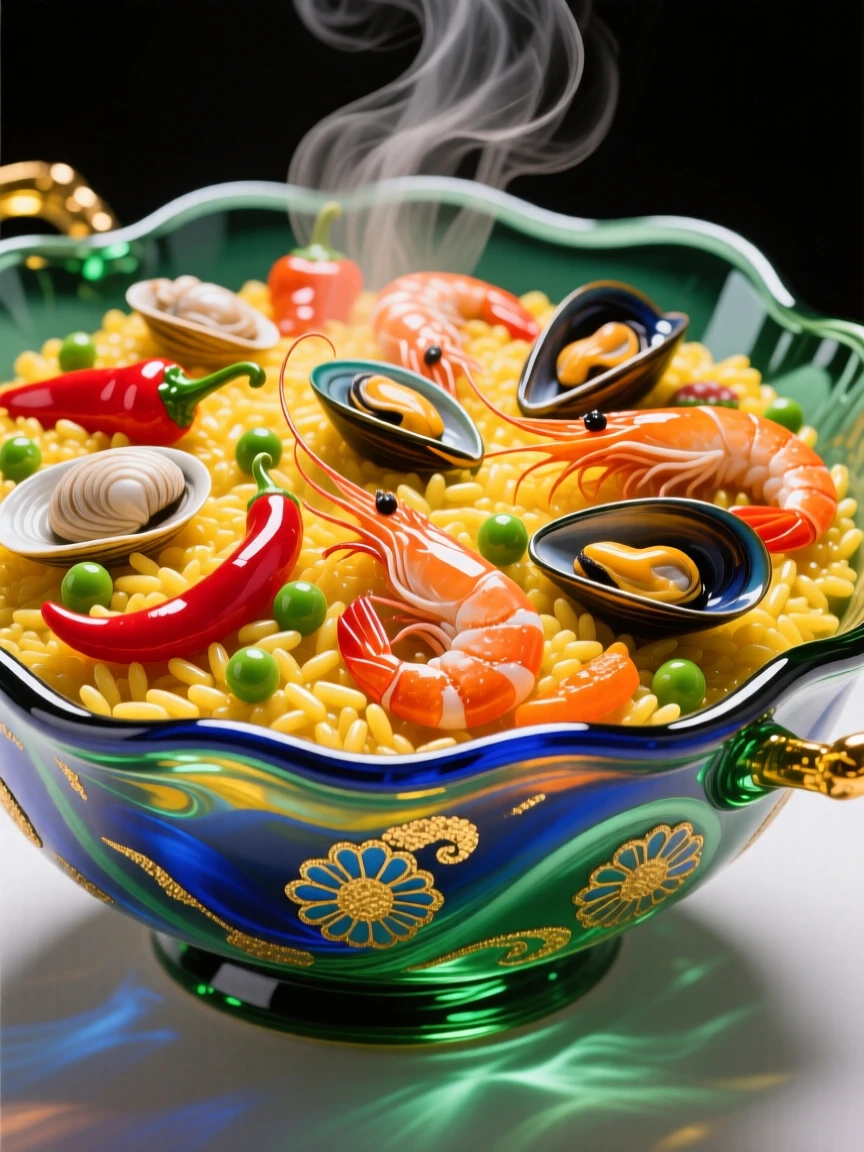 A bowl of vibrant paella garnished with saffron and seafood, festive and aromatic.