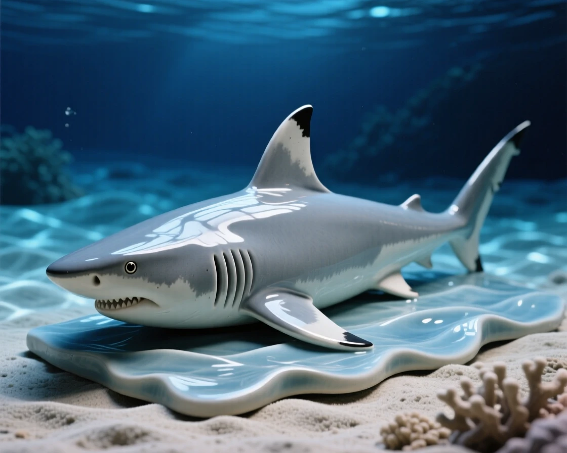 A hammerhead shark gliding through deep blue water resting peacefully on the ocean floor, its surface dappled with shifting light patterns, conveying calm, fluid tranquility.