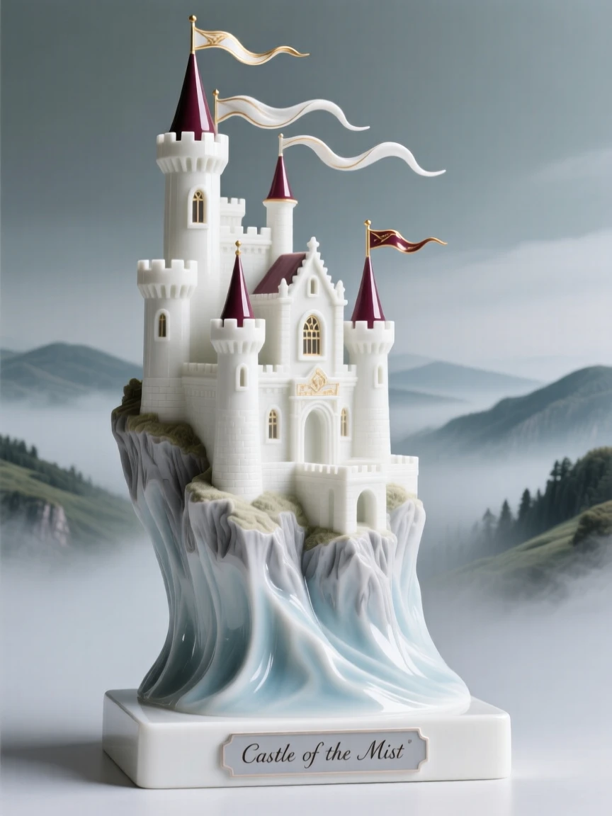 A cliffside castle rising above a misty valley, banners fluttering from its highest spires.