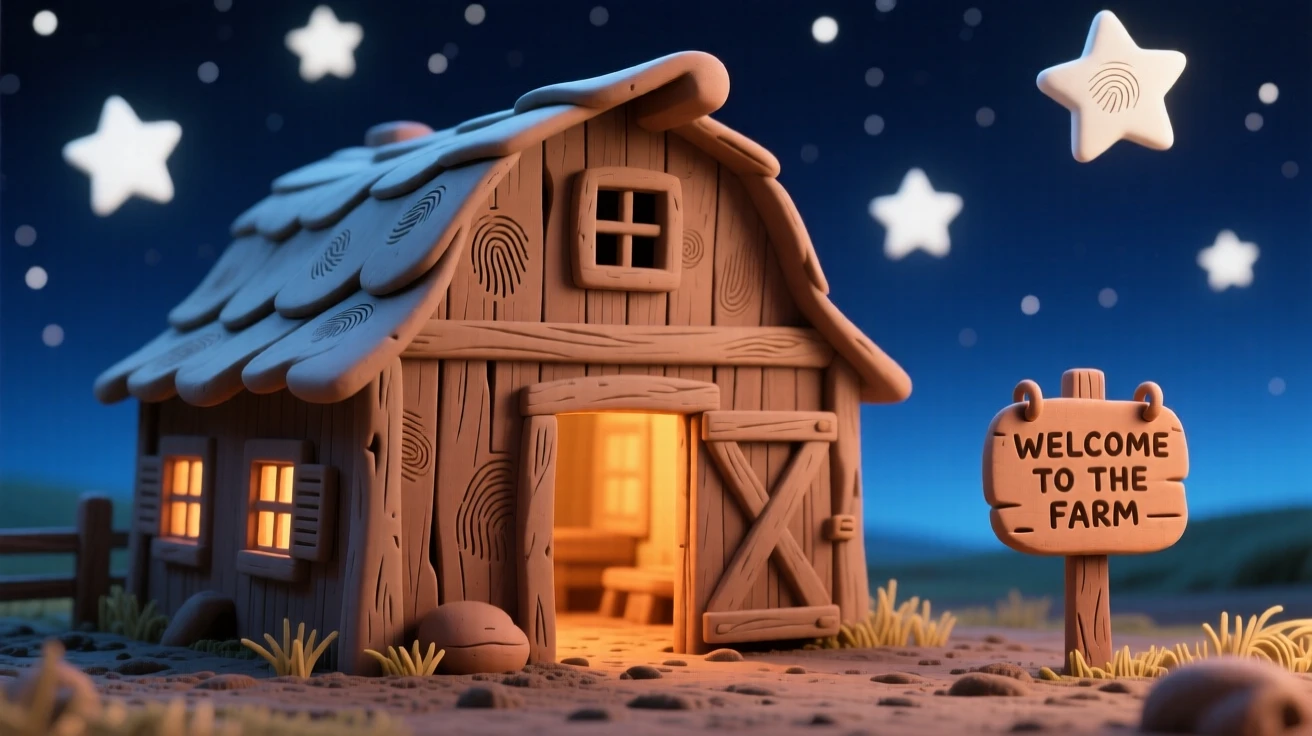 A rustic barn glowing warmly from within on a starry night