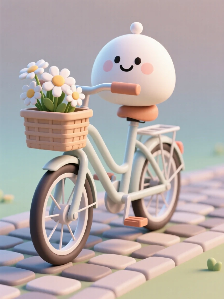 A friendly bicycle with a bell-shaped nose and basket full of daisies rolls merrily down a cobblestone lane.