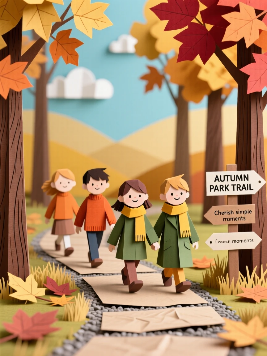 A group of childhood friends walking through a golden autumn park, with soft laughter caught mid-moment, capturing the simple beauty of everyday moments.