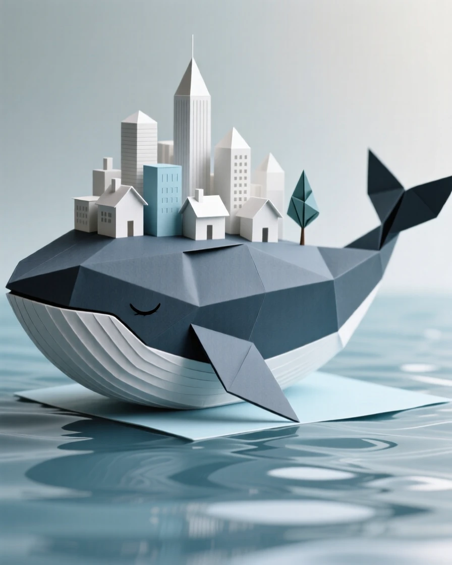 A city built on the back of a massive sleeping whale drifting through calm waters.