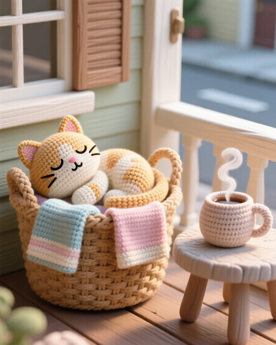 a content cat napping in a laundry basket, among freshly folded towels, curled into a warm, sunlit ball, in a quiet porch overlooking a peaceful street, with a steaming mug resting on a small table nearby, radiating quiet satisfaction in a small task well done.