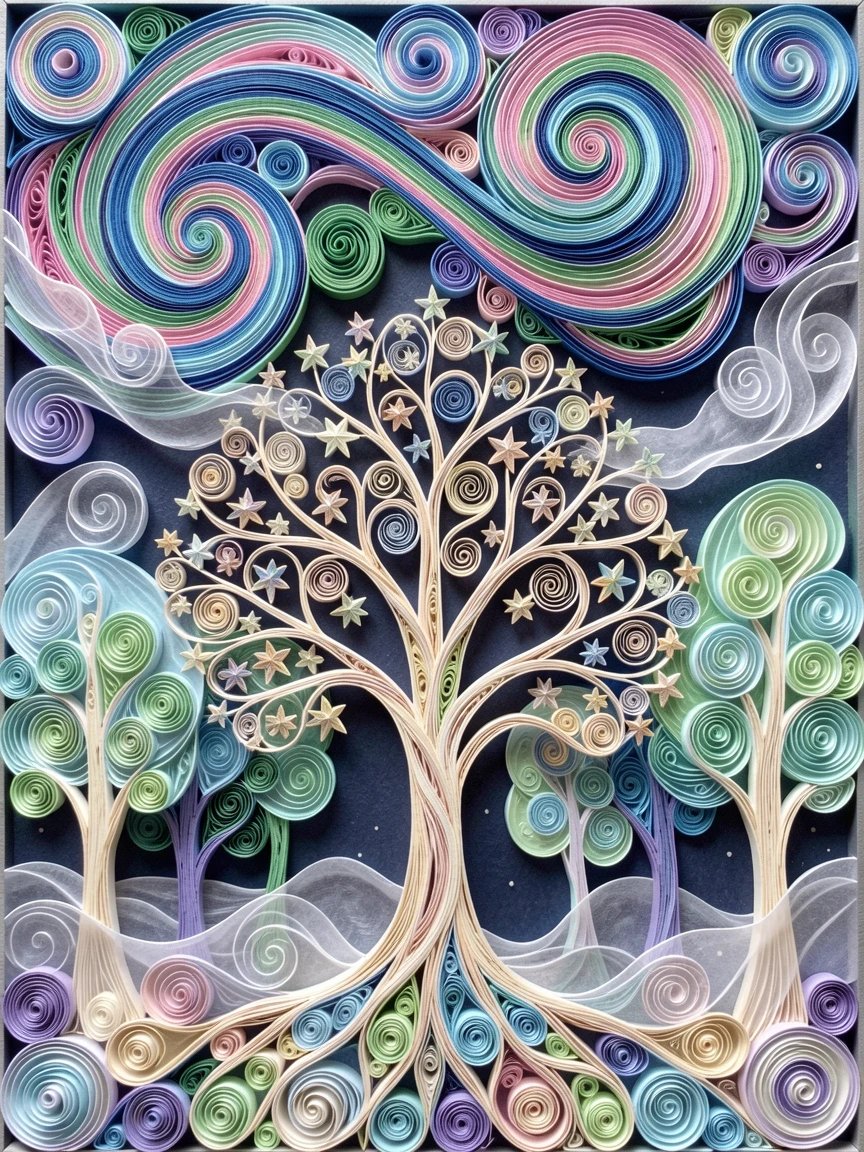 A magical fantasy scene of a celestial tree with branches full of tiny stars beneath a canopy of glowing luminescent trees, under a sky painted in shifting aurora colors, composed with soft ethereal mist drifting through the scene.