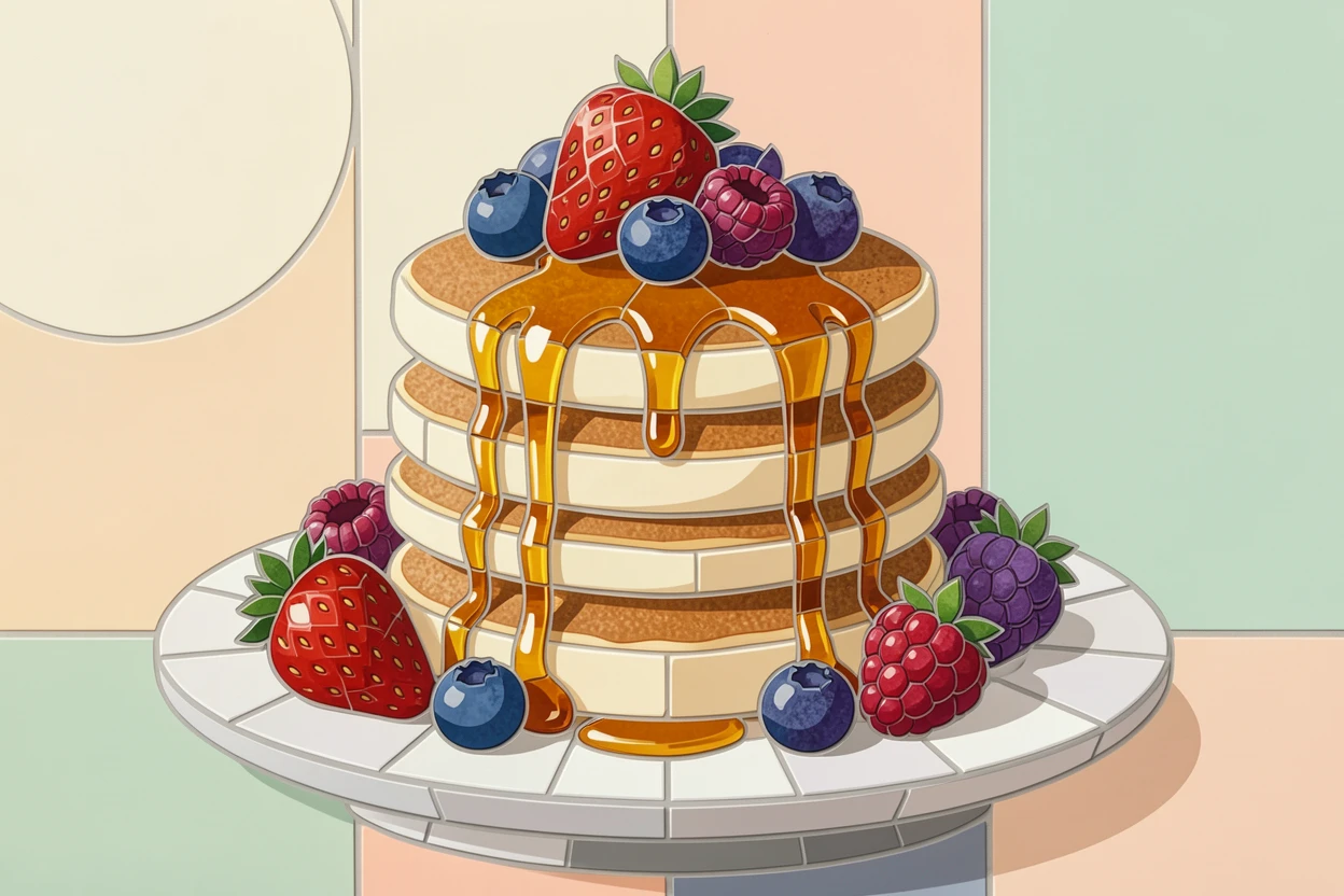 A stack of fluffy pancakes drizzled with maple syrup and fresh berries.