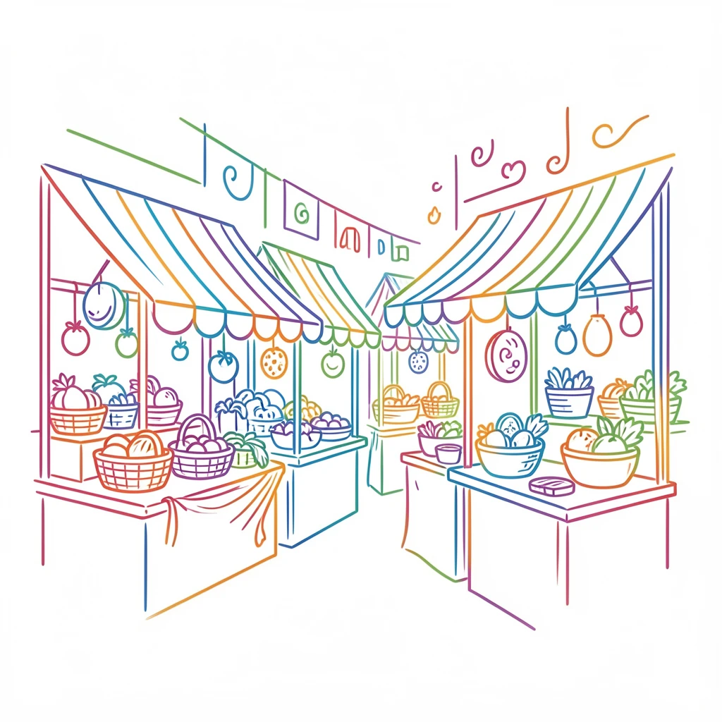 A colorful street market with striped awnings shading rows of stalls.