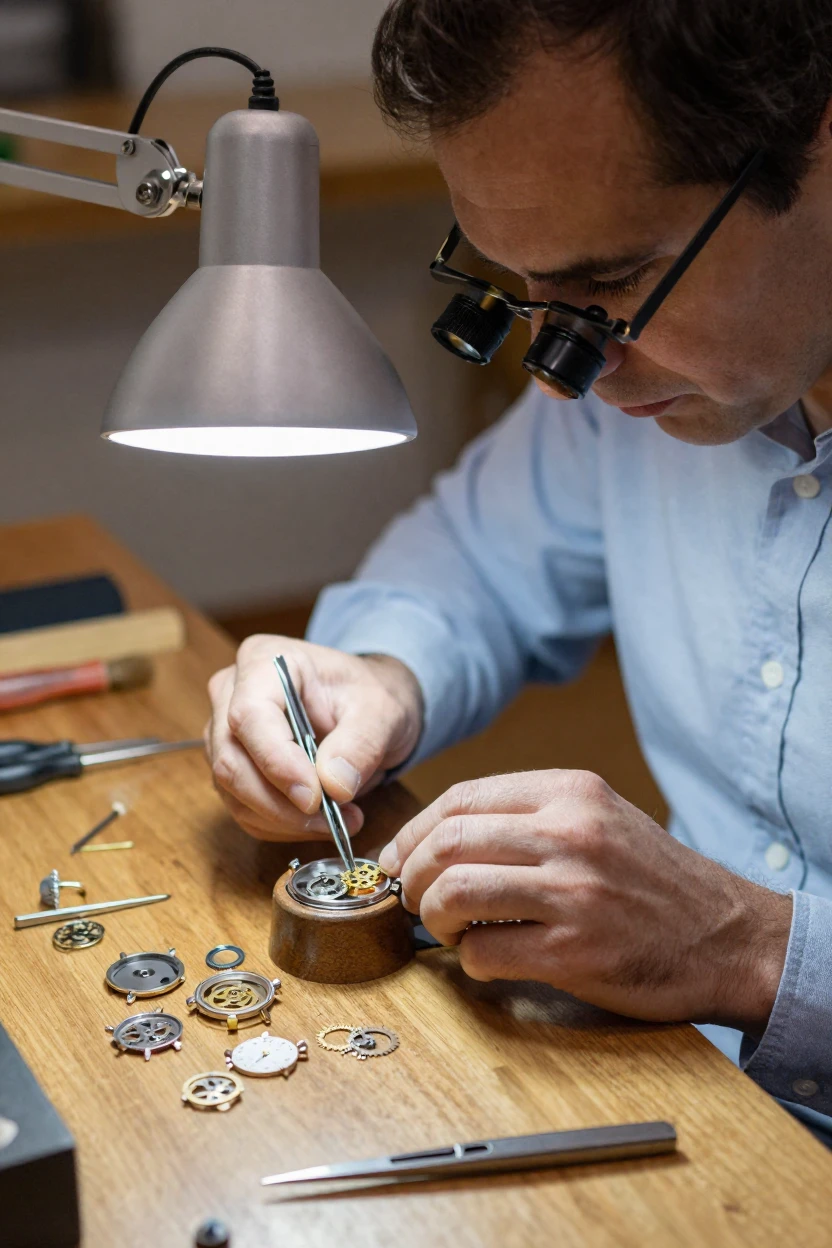 A watchmaker assembling tiny gears under a magnifying lamp