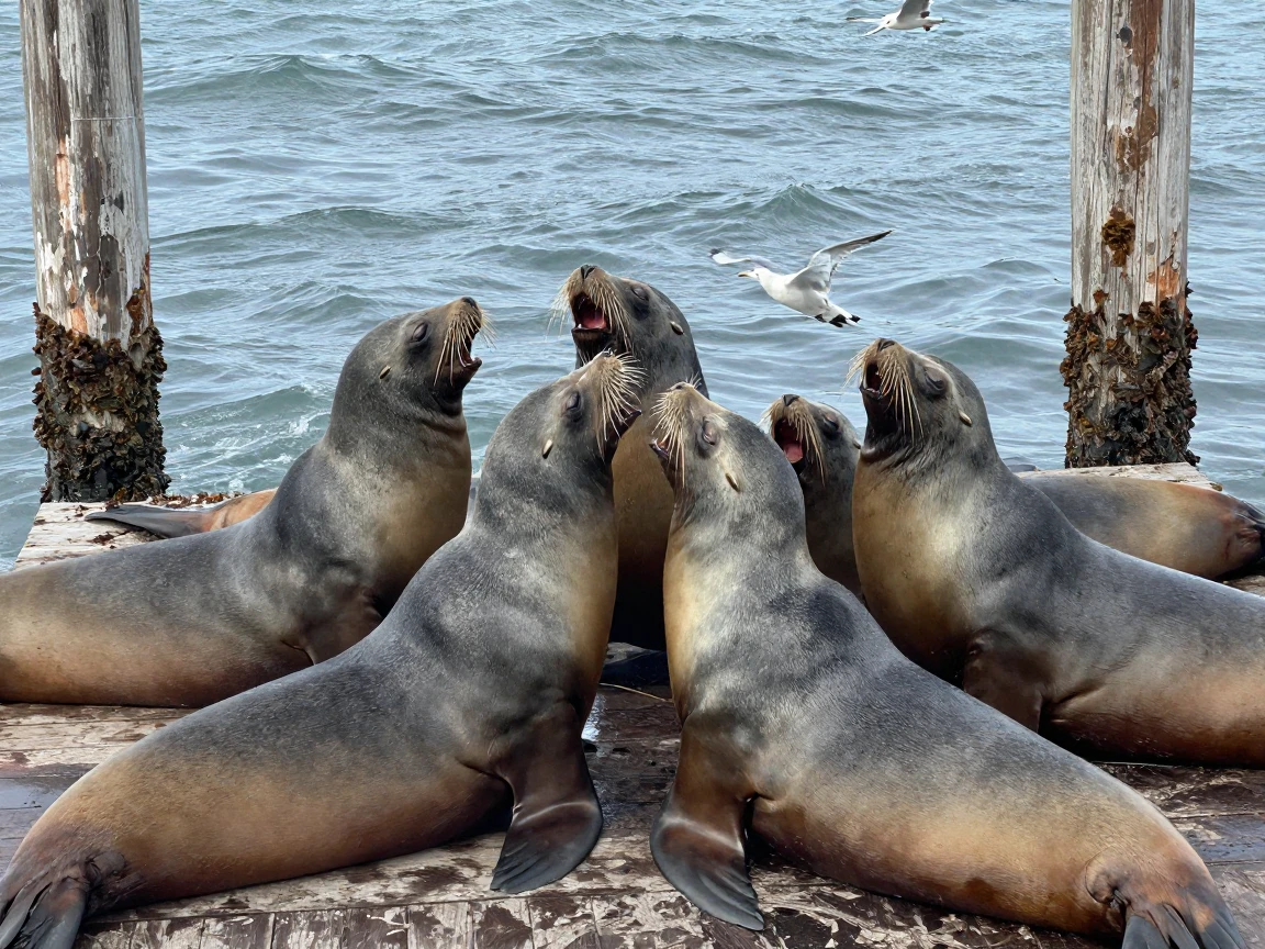 A group of sea lions barks and jostles for space on a crowded pier.