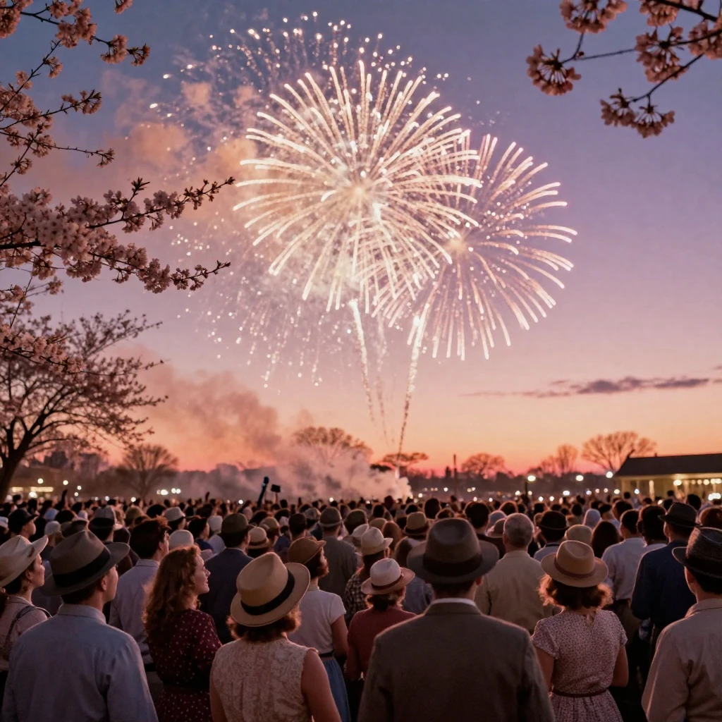 Fireworks bursting over a crowd gathered for a New Year celebration, under a glowing sunset sky, in crisp, dry air, as spring blossoms unfurl, with a soft sepia-tinted glow, from a slightly elevated vantage point.