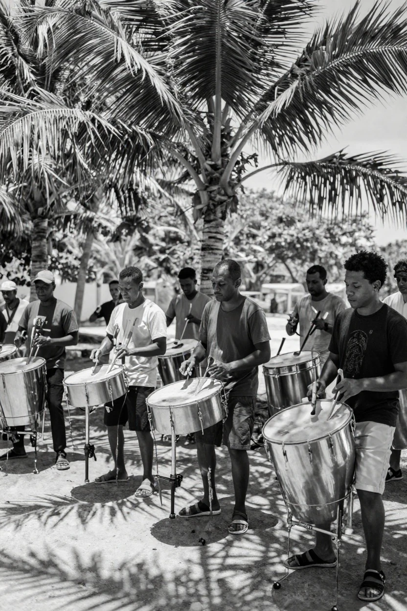 A group of steel drum players fills the air with island rhythm beside swaying palm trees.
