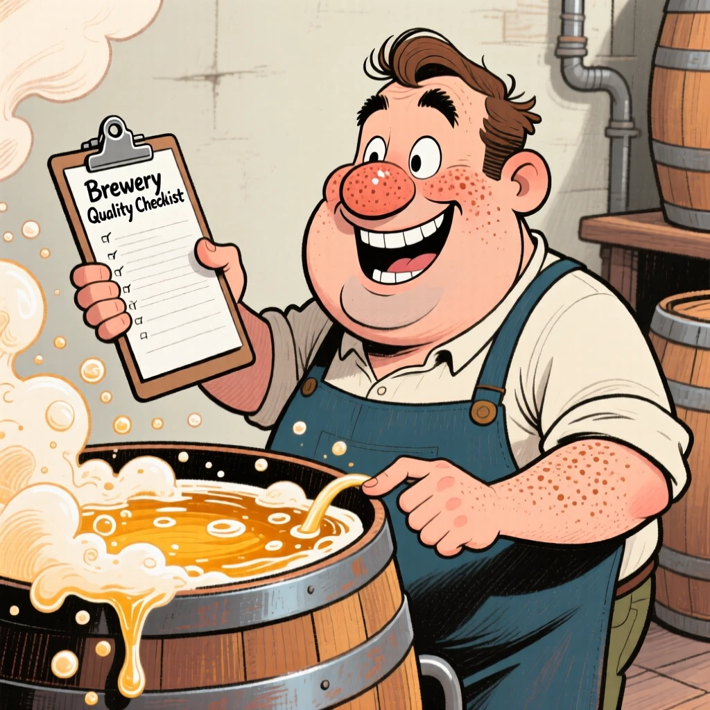 A brewer checking a bubbling vat of beer, clipboard in hand, satisfied nod.