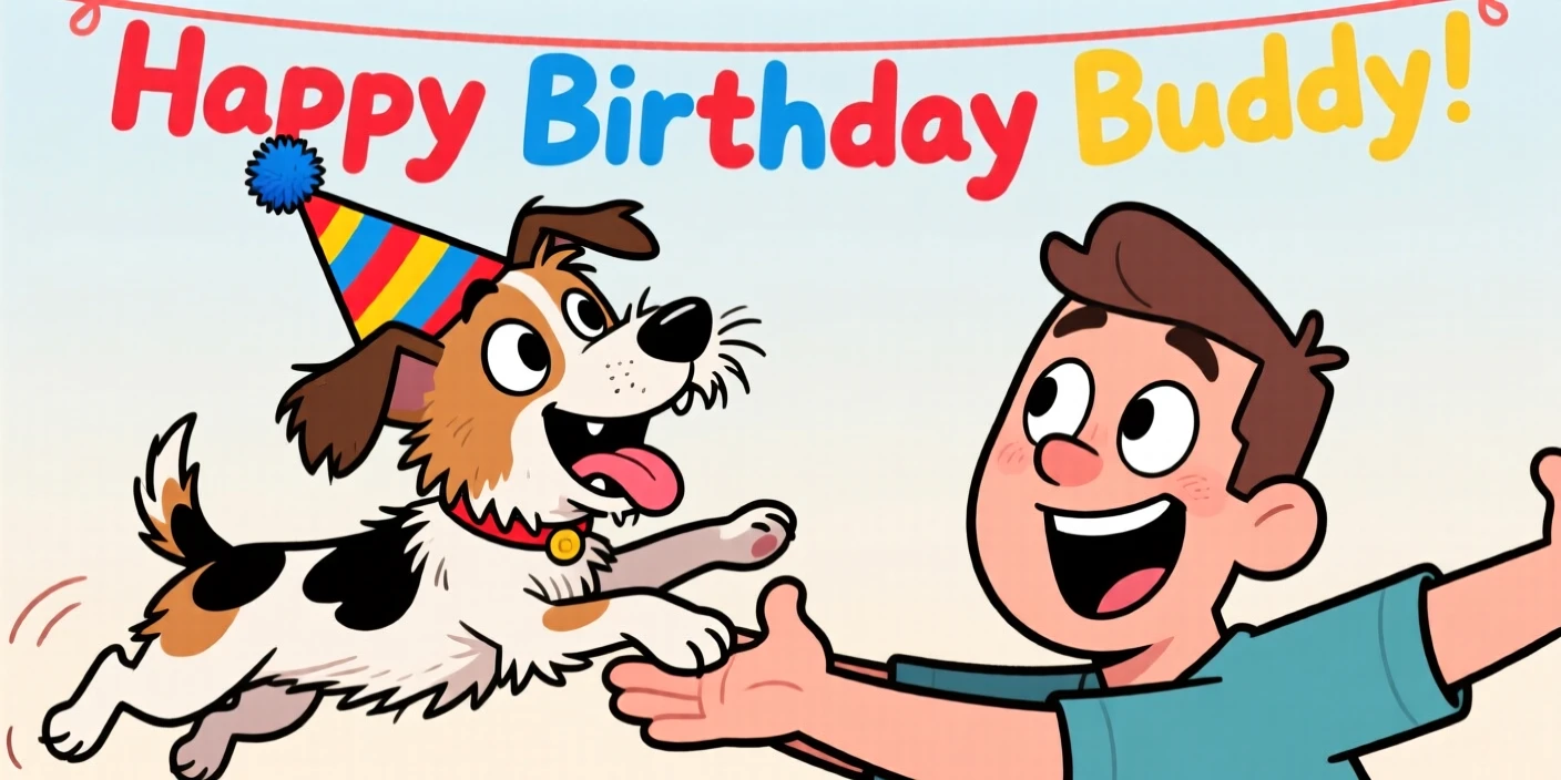 A playful pet moment featuring a scrappy terrier mix greeting its owner with an overjoyed leap, with a birthday hat slightly askew.