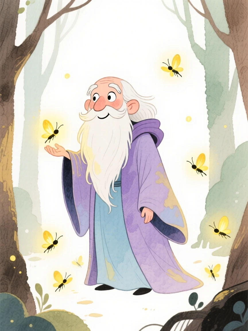 A wise old wizard surrounded by glowing fireflies in an enchanted forest