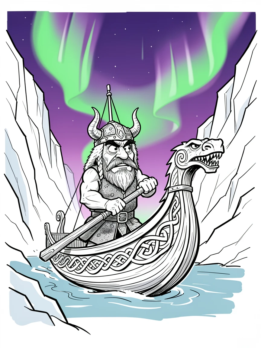 [Fantasy & Imaginative Scenarios] Imaginative fantasy scene of a brave viking sailing a longship through icy fjords guided by the aurora, brimming with wonder