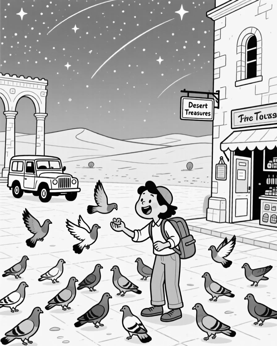 A traveler feeding pigeons in a grand old square, getting swarmed by an eager flock, set parked beneath a blanket of stars in the desert. A tiny souvenir shop peeks around the corner. There's a light, adventurous spirit running through the moment.