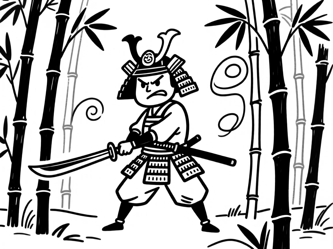 A samurai standing ready in a bamboo forest, sword drawn, leaves swirling.