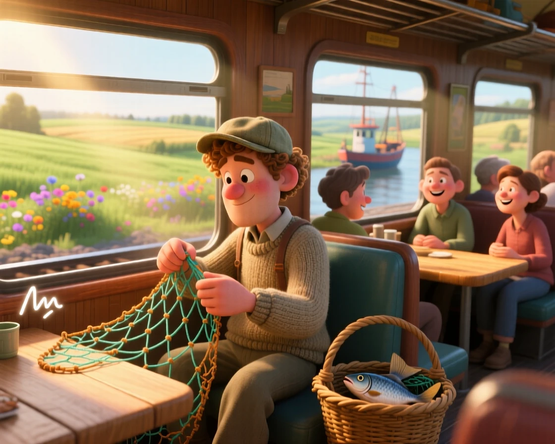 A fisherman mending nets at a small harbor is captured inside a sunlit train car rolling past the countryside, with soft chatter drifting from nearby tables. A simple contentment radiates through the scene.