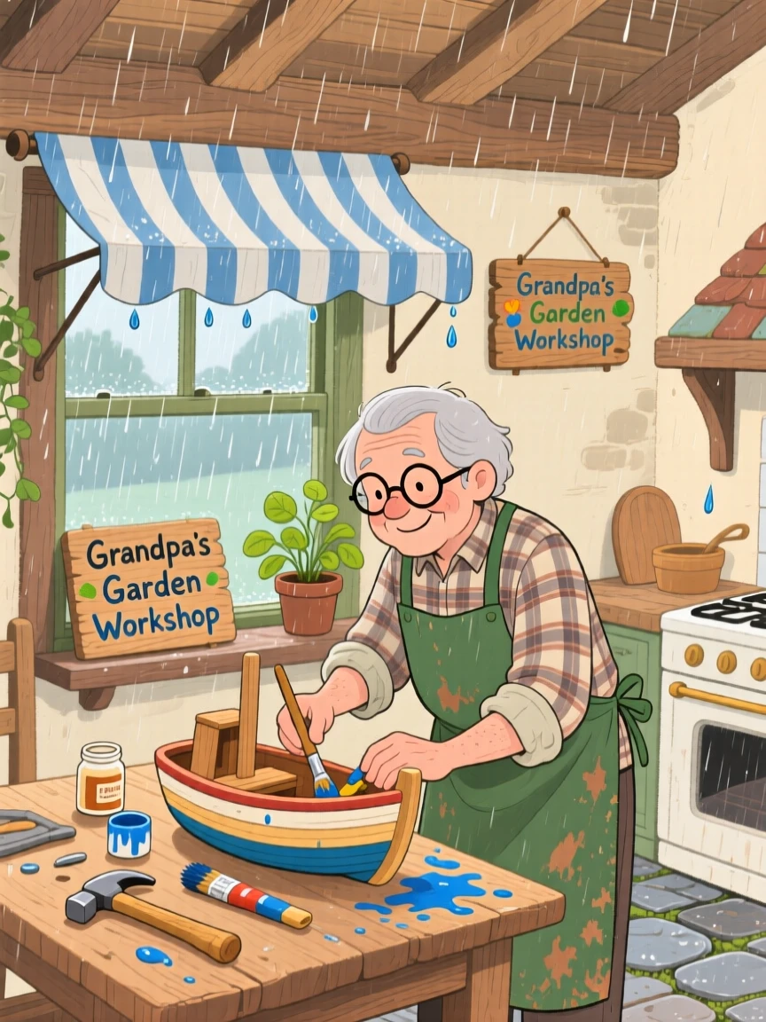 An elderly gardener pauses while repairing a wooden toy boat in a countryside farmhouse kitchen, with a gentle rain pattering on the awning.