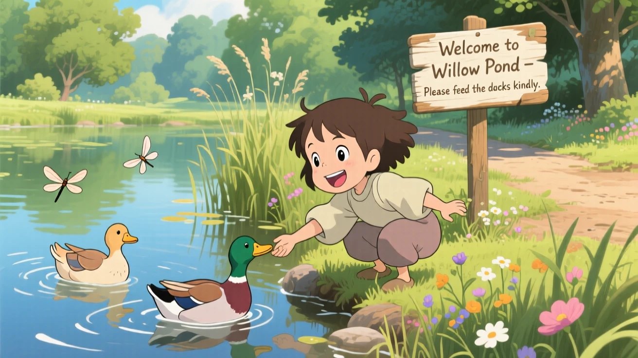 A child feeding ducks at the edge of a pond, the moment full of laughter and energy.