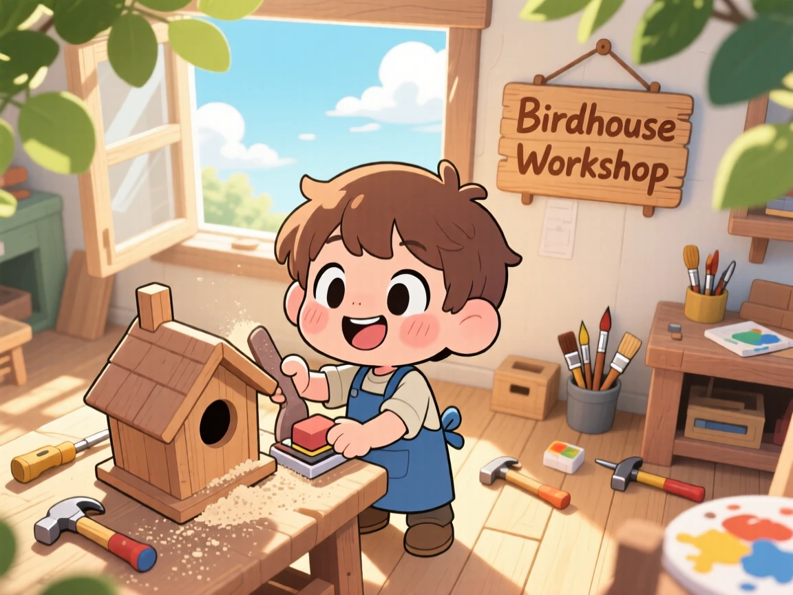 Bird's-eye view: a small carpenter, sanding a wooden birdhouse, set against a sunlit workshop under a clear summer sky, with warm morning light filtering through leaves and a mood of giggling amusement.
