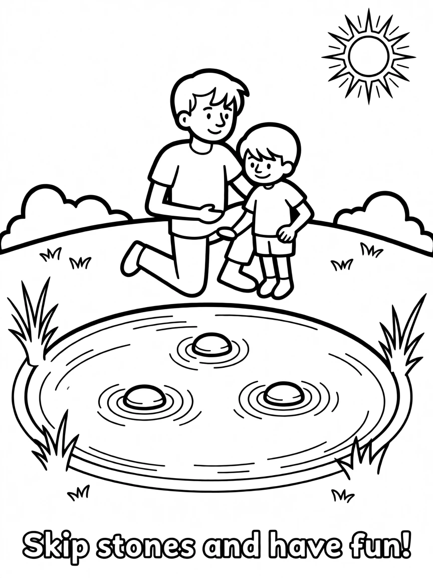 A father teaching his child to skip stones across a pond