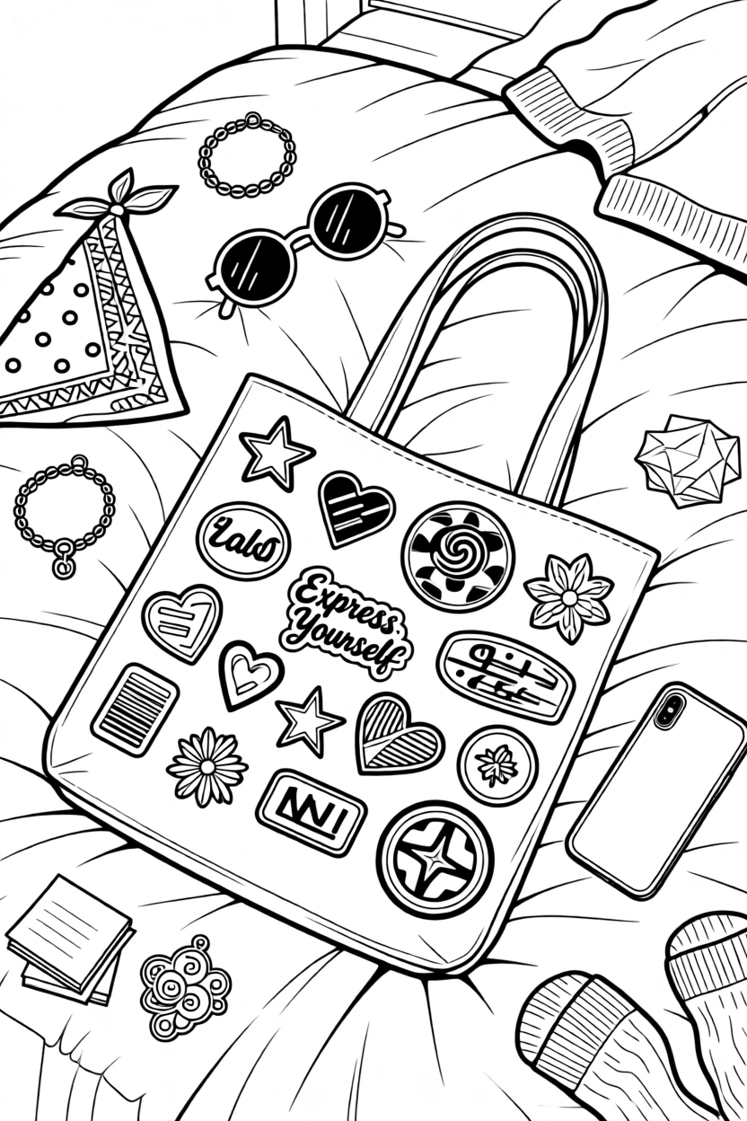 A tote bag covered in pins and embroidered patches, laid out on a bed surrounded by scattered accessories.