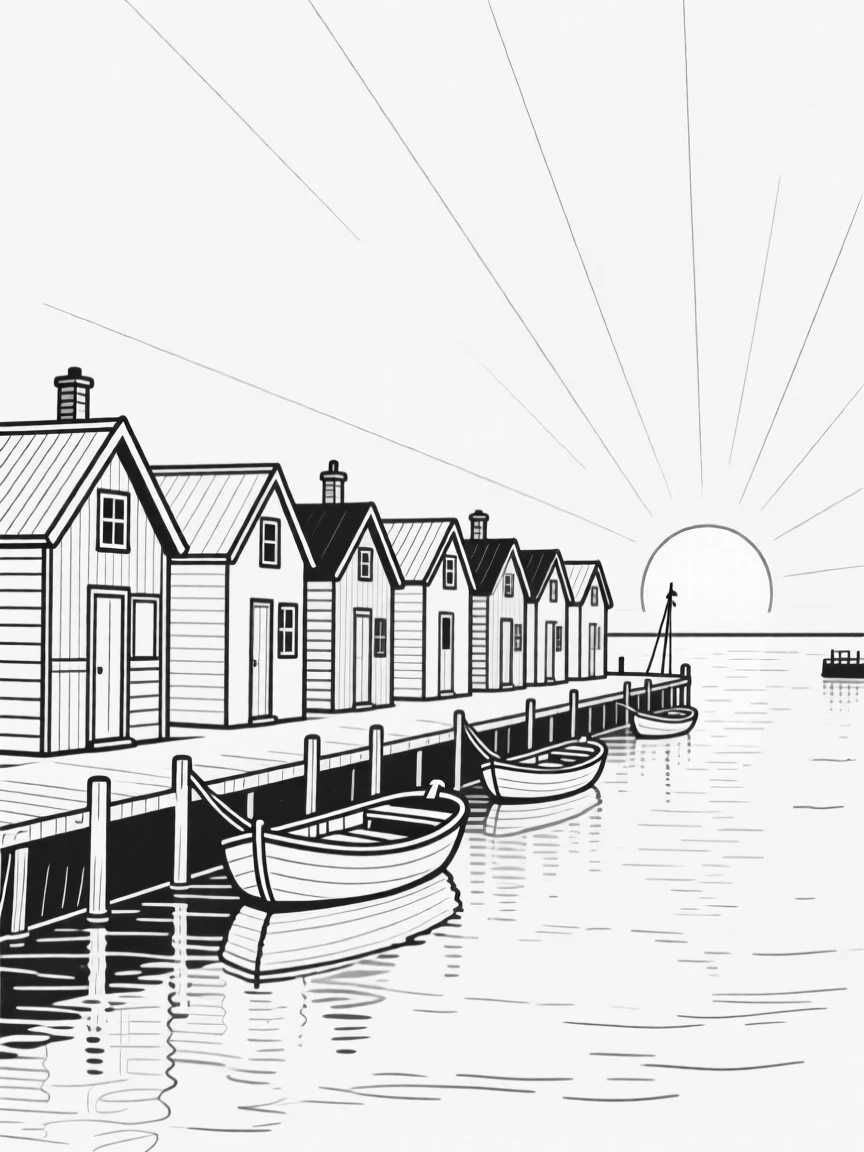 A row of fishing cottages along a harbor at sunrise