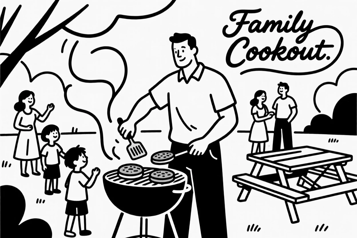 A father grilling burgers at a backyard cookout with family gathered nearby.