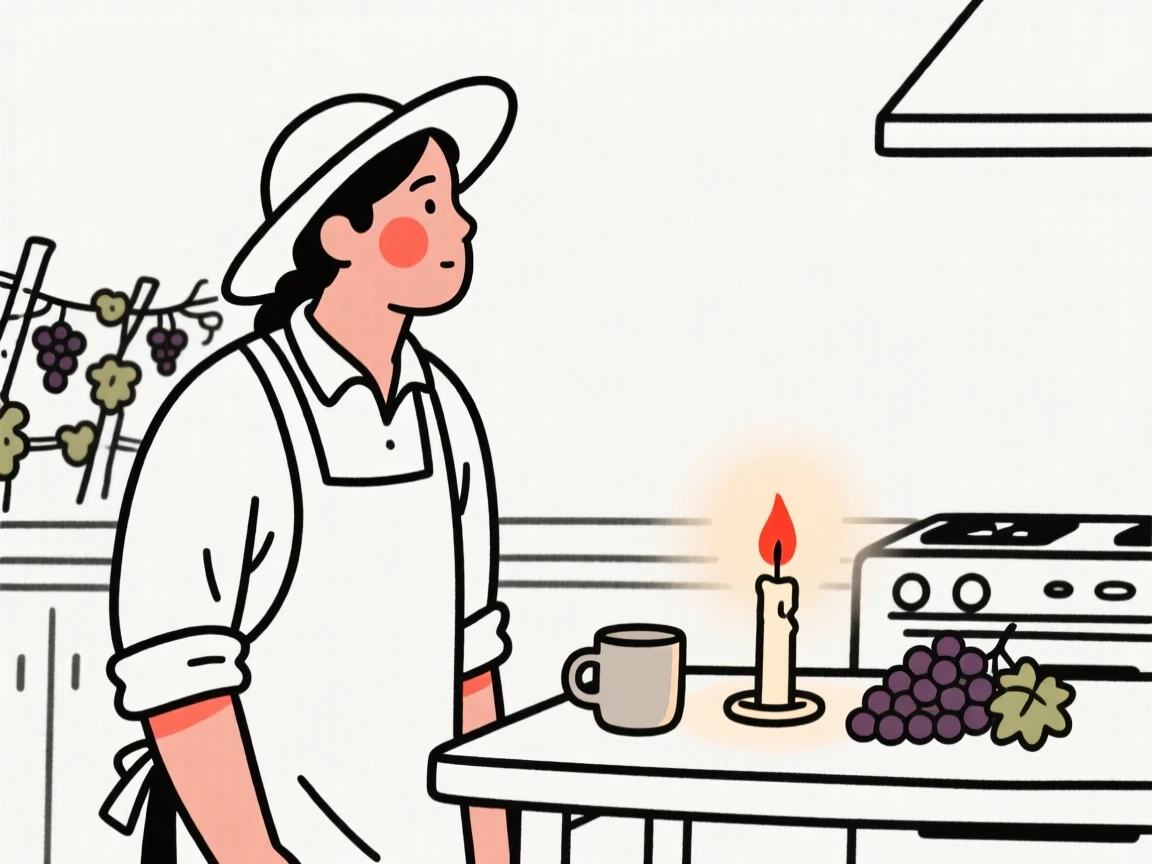 A vineyard of mexican heritage worker at harvest, gazing thoughtfully into the distance, in a cozy candlelit kitchen.