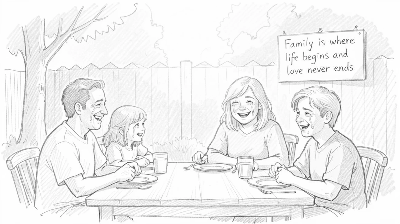 A heartwarming family moment: a family gathered around a dinner table in a sunlit backyard, marked by tears of happiness.
