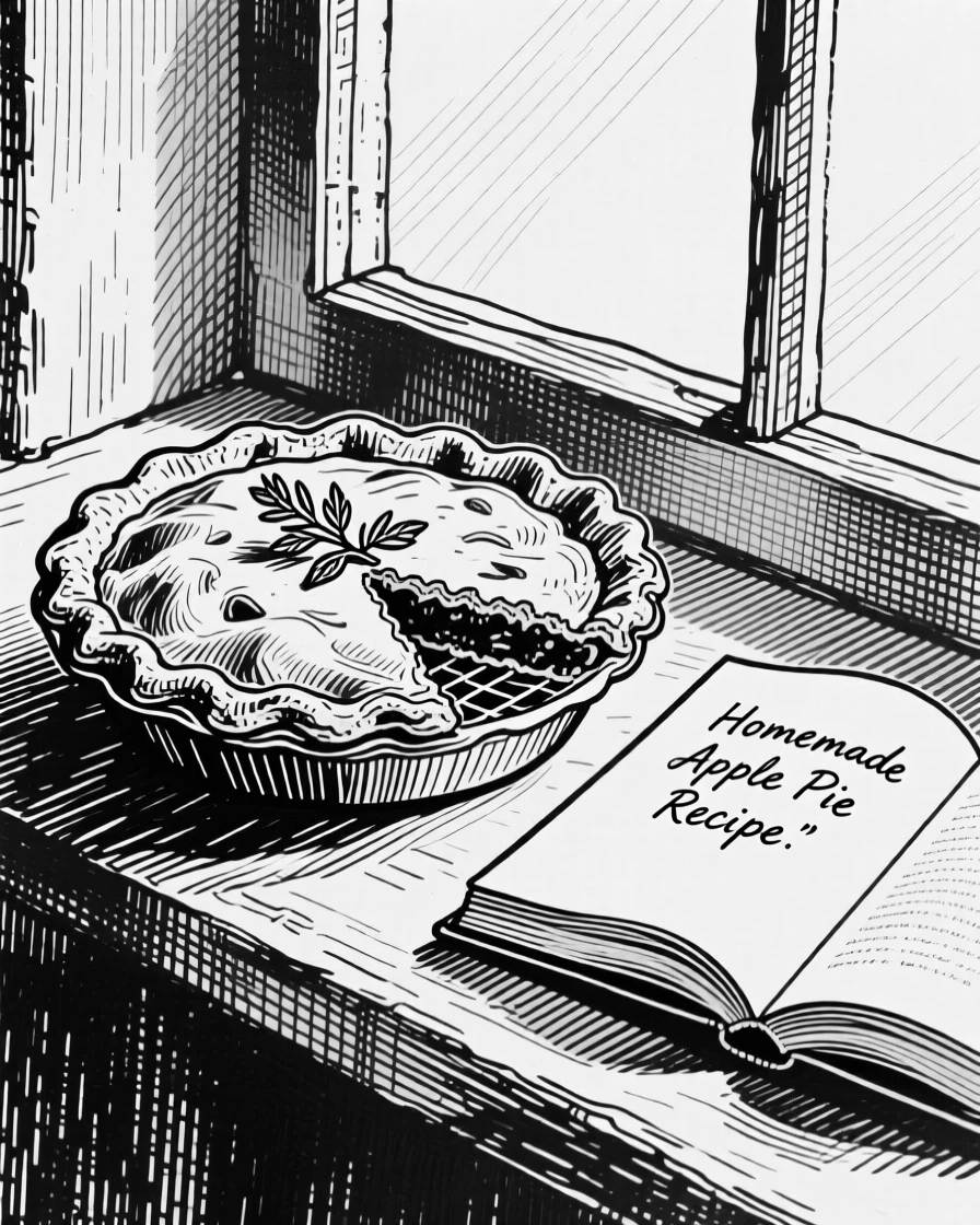 A pie cooling on a windowsill placed beside an open cookbook, with a sprig of herbs used as garnish, presented in an indulgent and delightful culinary still life.