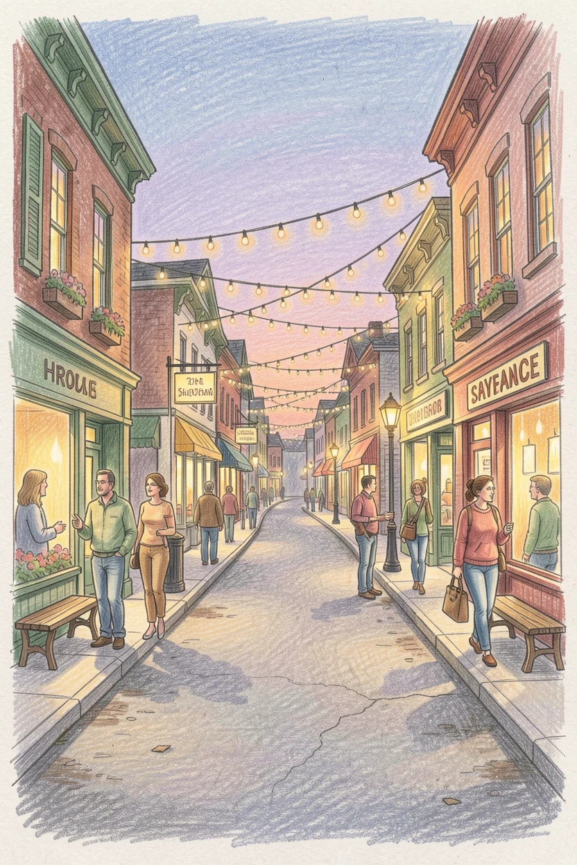 A small-town main street decorated with string lights at dusk, set against a softly lit, atmospheric backdrop, celebrating a moment people would love to revisit.