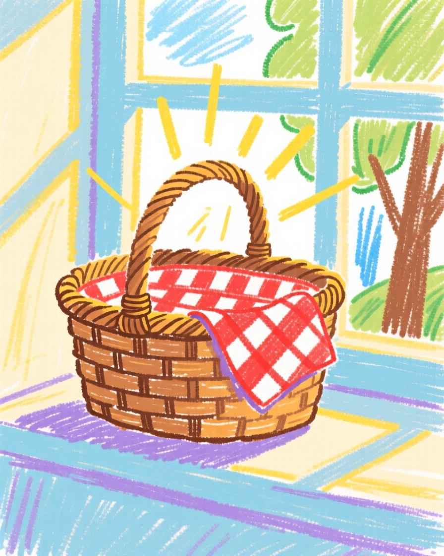 A woven picnic basket arranged on a sunlit windowsill.