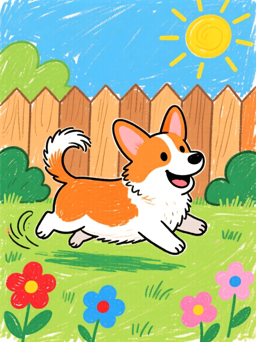 A friendly corgi chasing its tail in a sunny backyard.